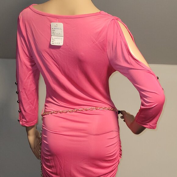 Sexy Women Pink Mini Stretch Dress with Gold Chain Accent Small SL2907 - Picture 6 of 8